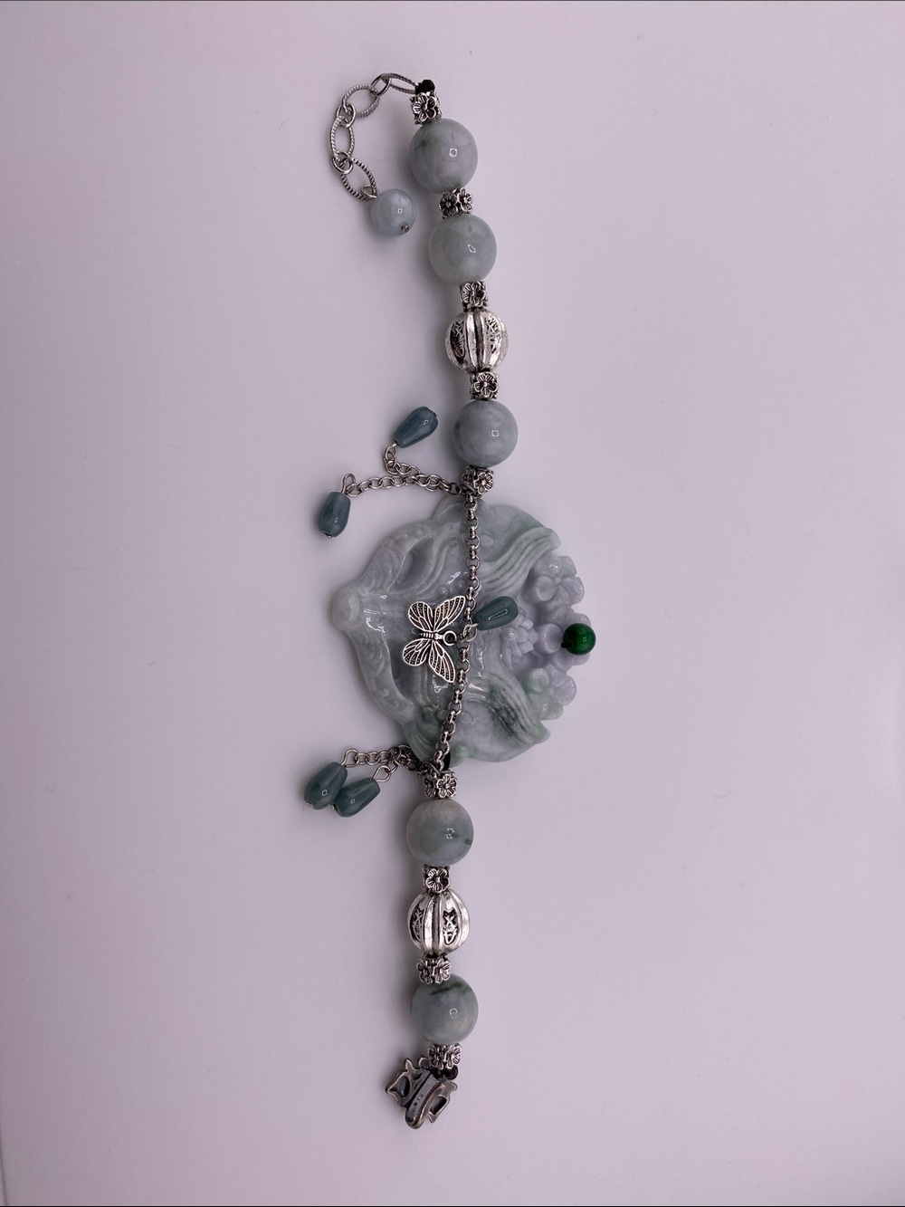 🦊 Carved Jade Fox Head Tibetan Silver Butterfly & Tassel Charm Bracelet